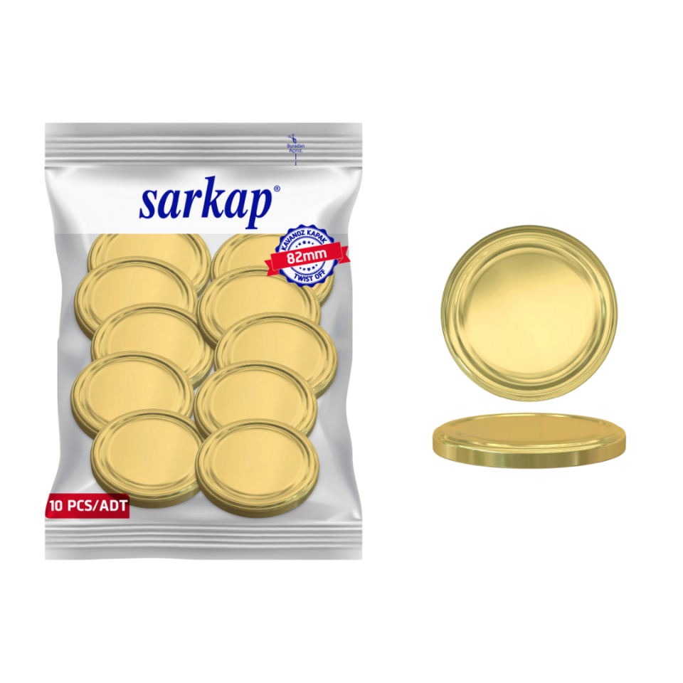 Hijyenik Paketli 10 Adet Kavanoz Kapağı Düz Renkler 82 mm Gold