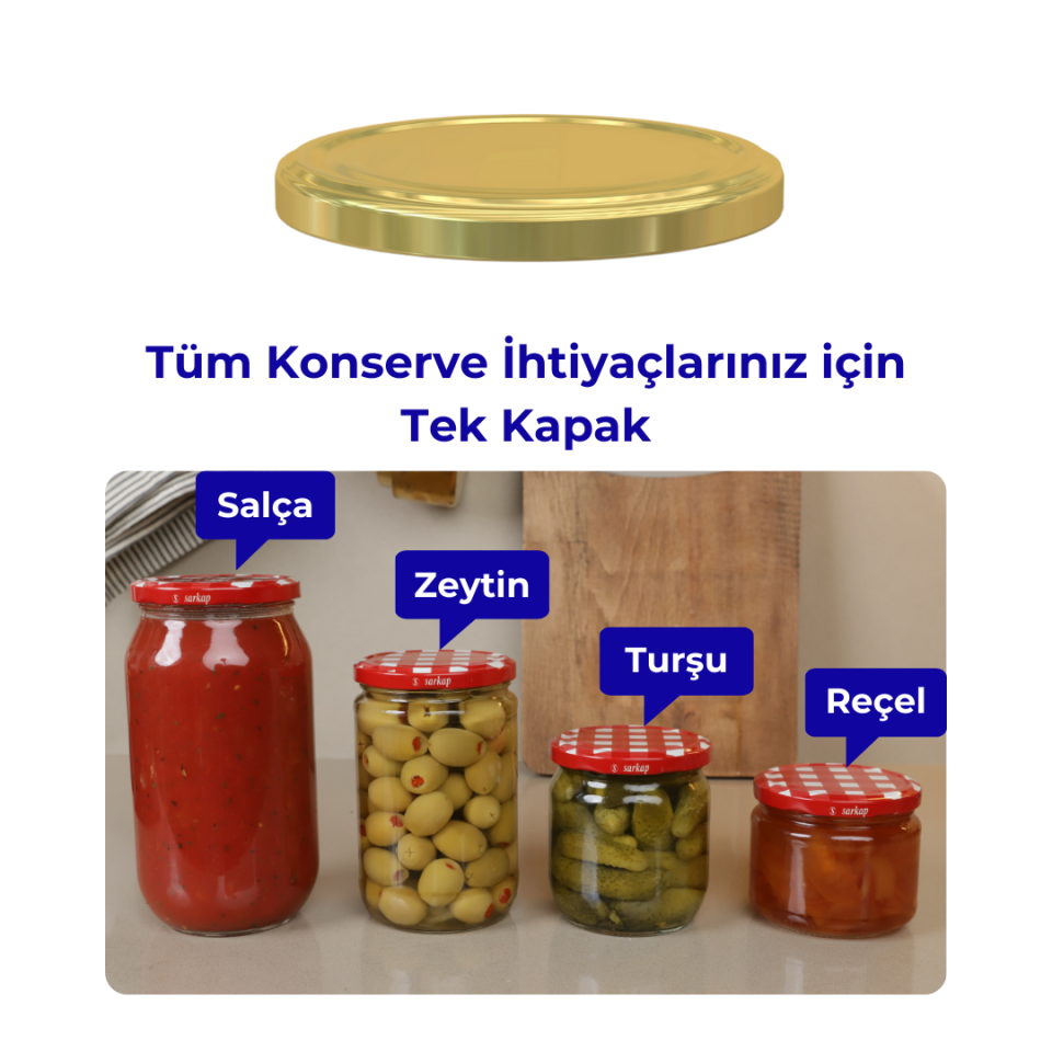 Hijyenik Paketli 10 Adet Kavanoz Kapağı Düz Renkler 82 mm Gold