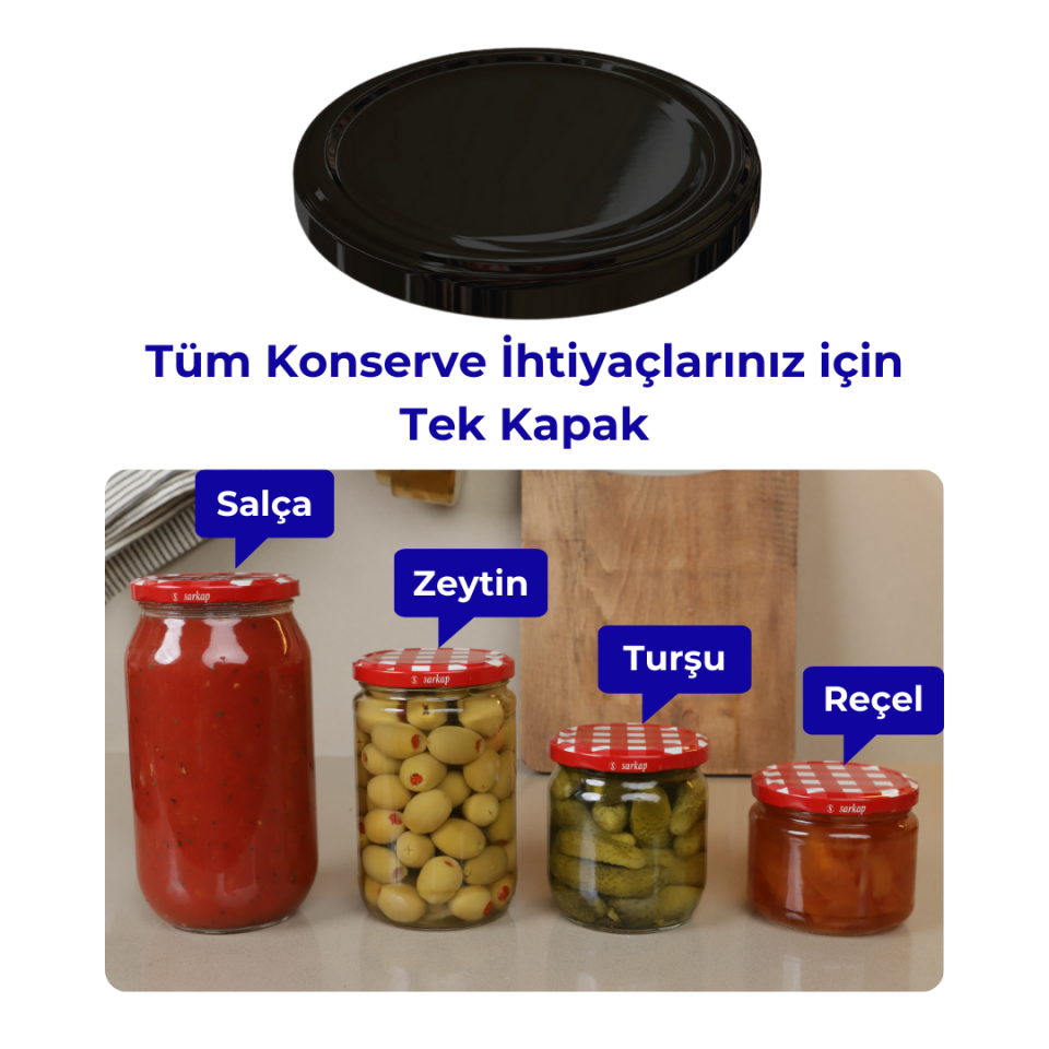 Hijyenik Paketli 10 Adet Kavanoz Kapağı Düz Renkler 82 mm Siyah