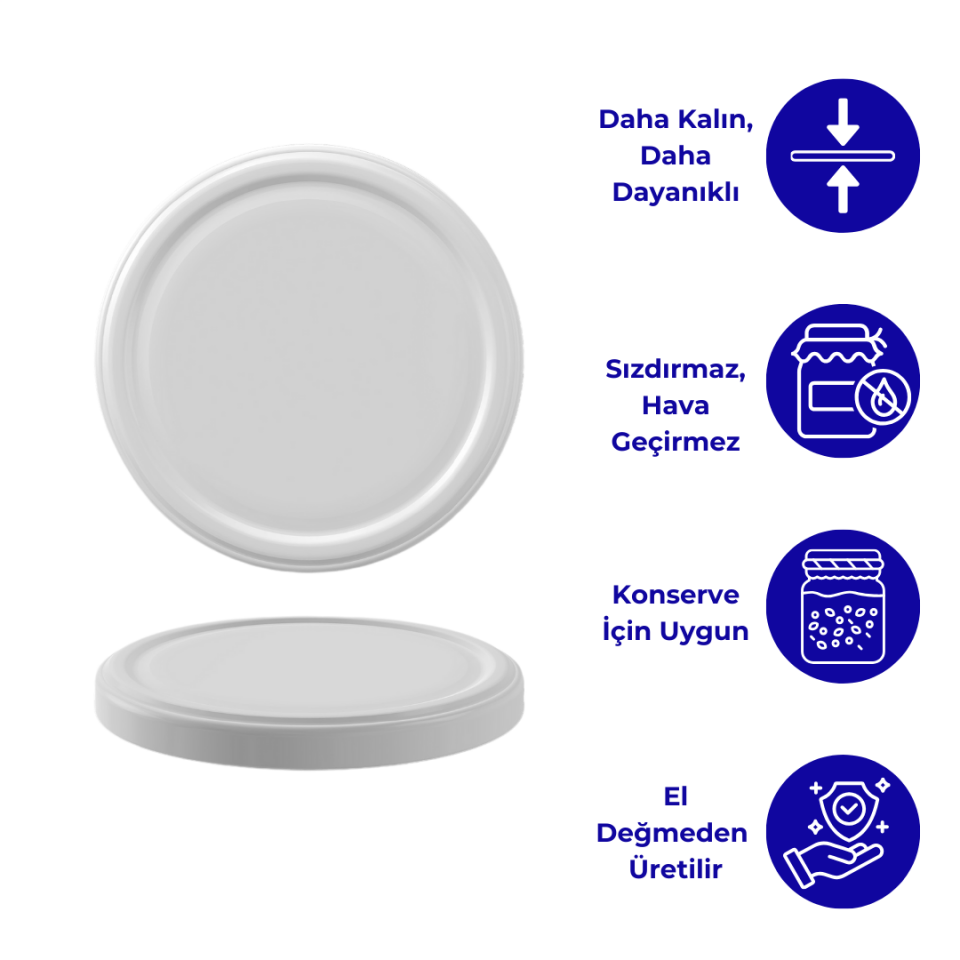 Hijyenik Paketli 10 Adet Kavanoz Kapağı Düz Renkler 82 mm Beyaz