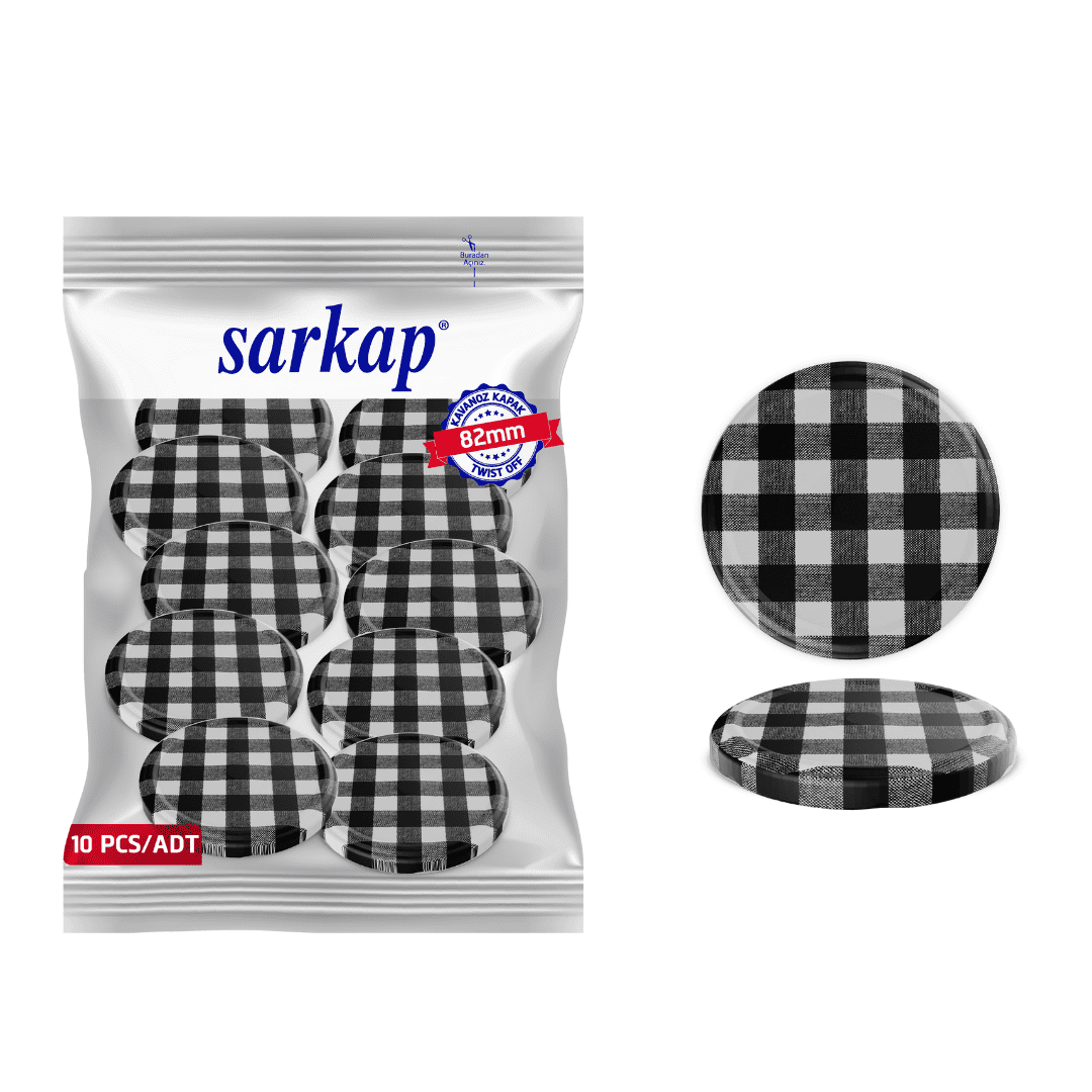 Hijyenik Paketli 10 Adet Kavanoz Kapağı Ekose Desenler 82 mm Siyah