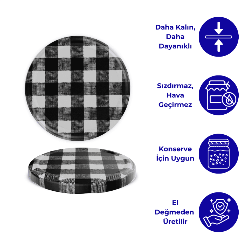 Hijyenik Paketli 10 Adet Kavanoz Kapağı Ekose Desenler 82 mm Siyah