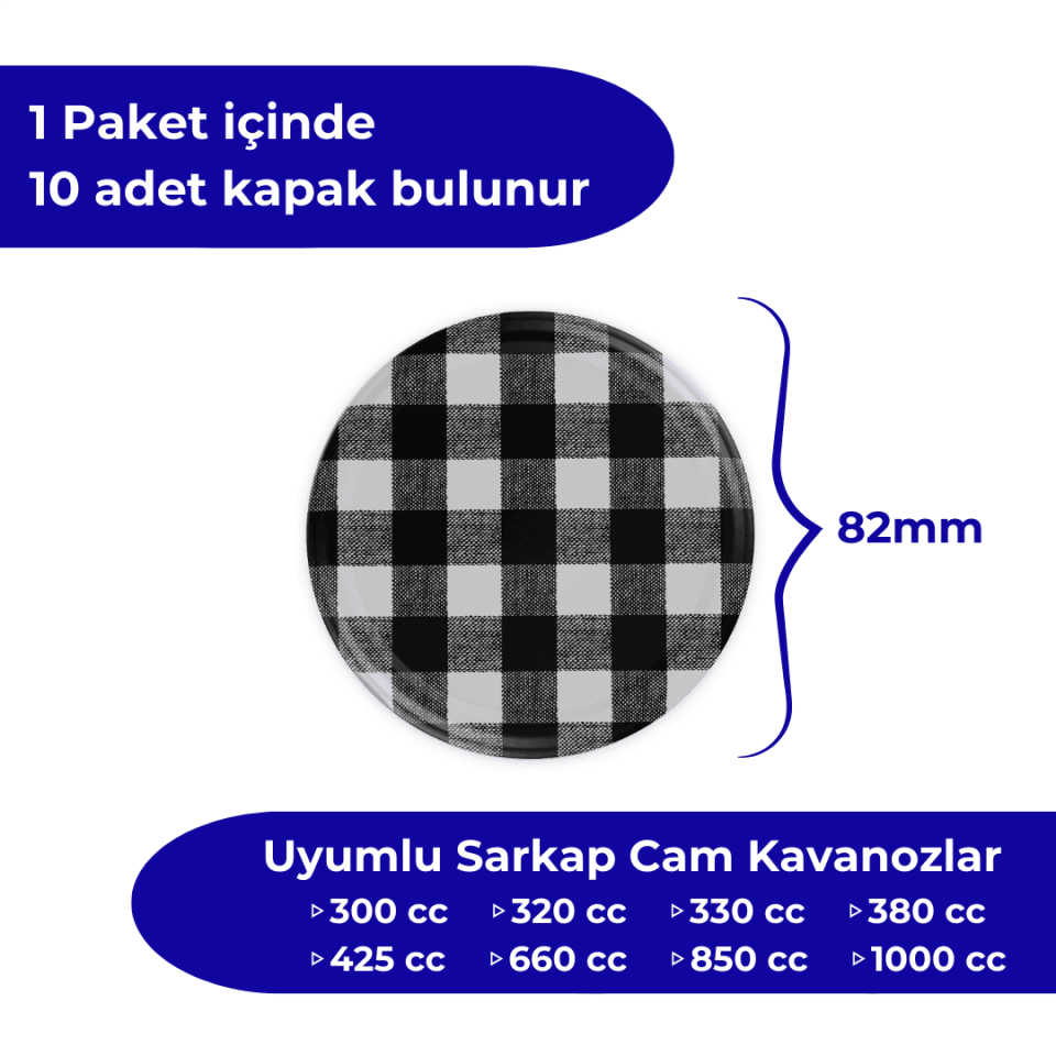 Hijyenik Paketli 10 Adet Kavanoz Kapağı Ekose Desenler 82 mm Siyah