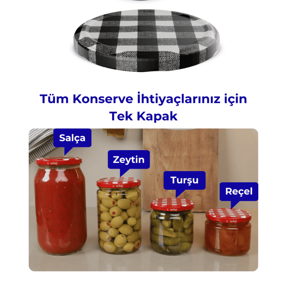 Hijyenik Paketli 10 Adet Kavanoz Kapağı Ekose Desenler 82 mm Siyah