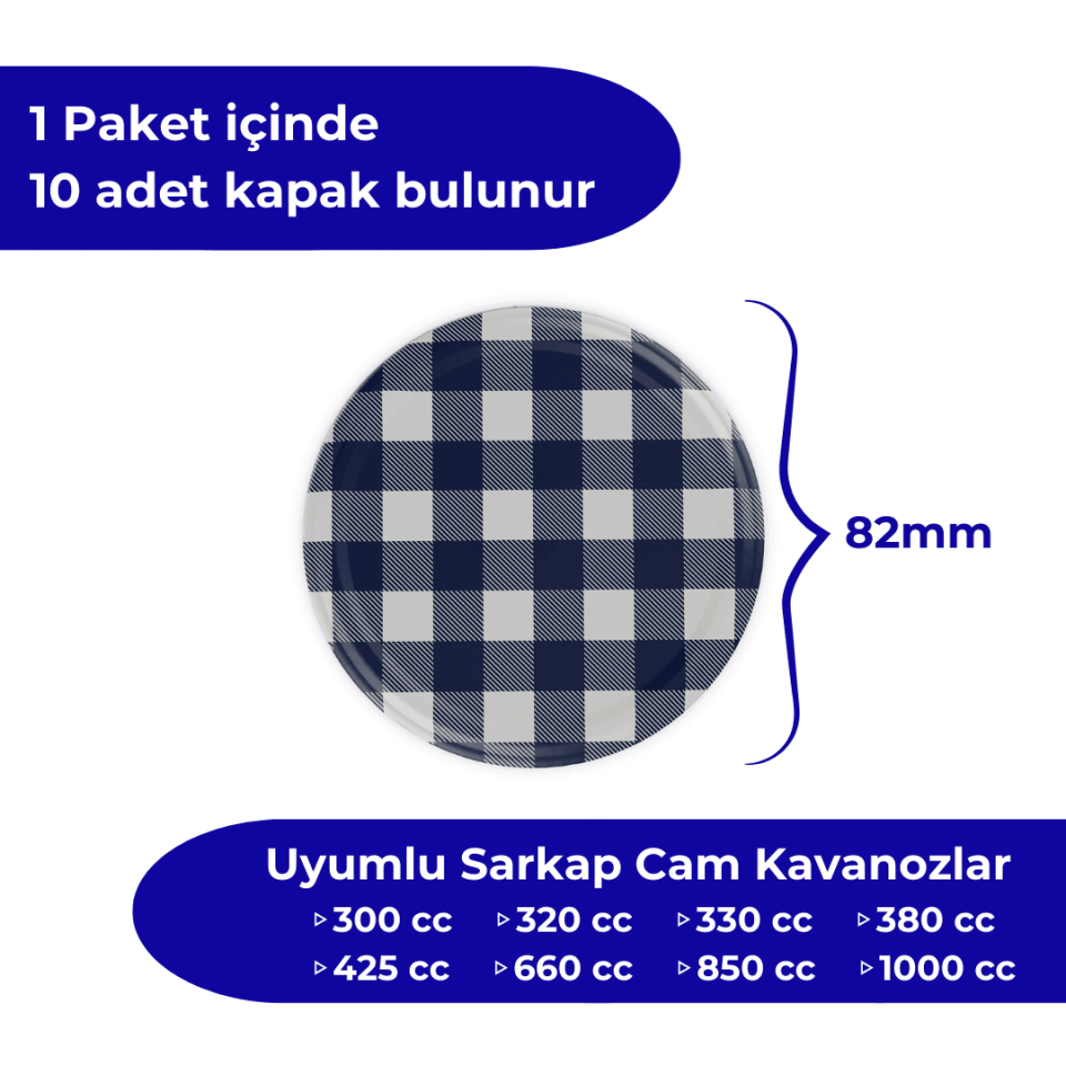 Hijyenik Paketli 10 Adet Kavanoz Kapağı Ekose Desenler 82 mm Lacivert