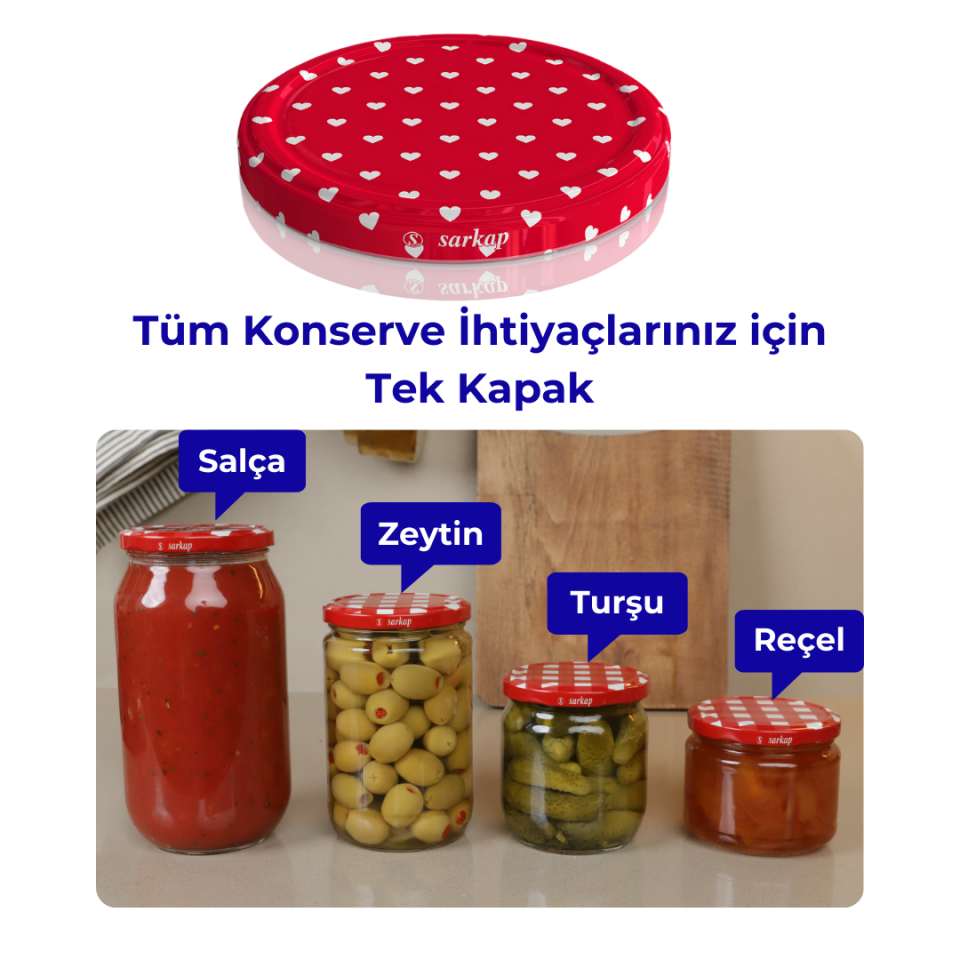 Hijyenik Paketli 10 Adet Kavanoz Kapağı Kalpli Desenler 82 mm Kırmızı