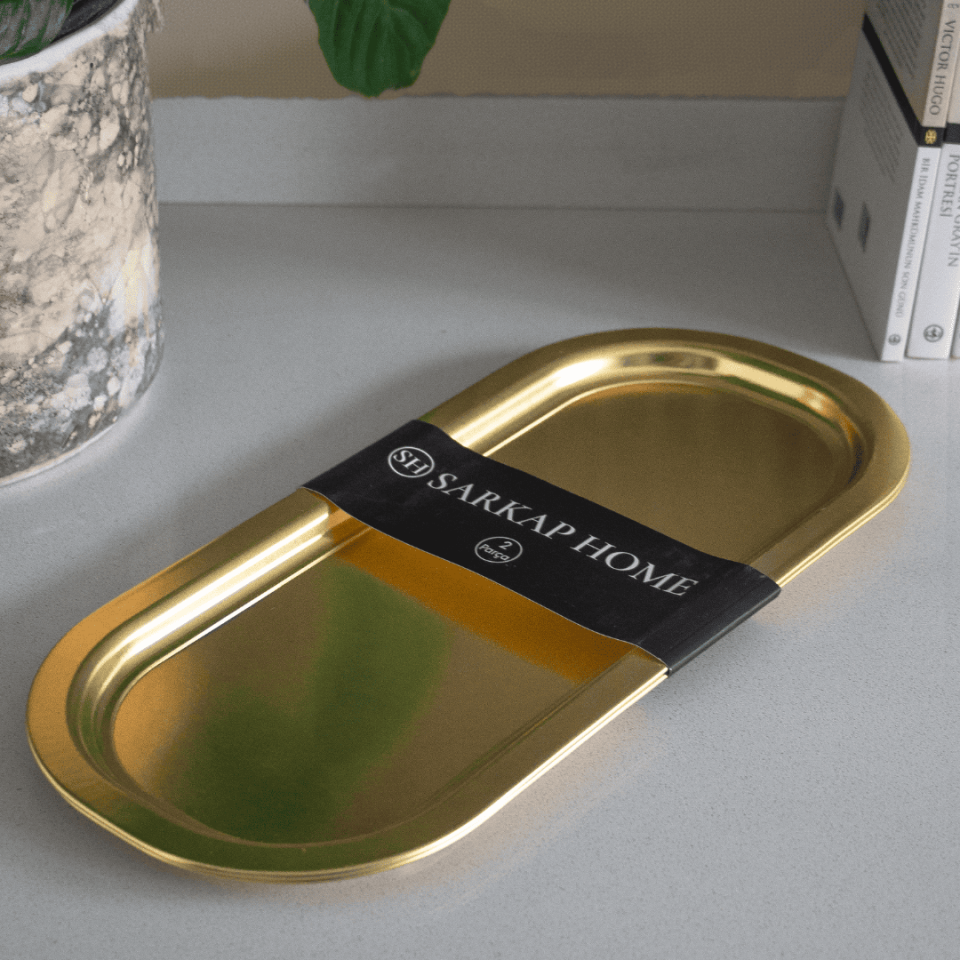 Sarkap Home 35x16 cm 2'li Oval Sunumluk Tepsi Gold