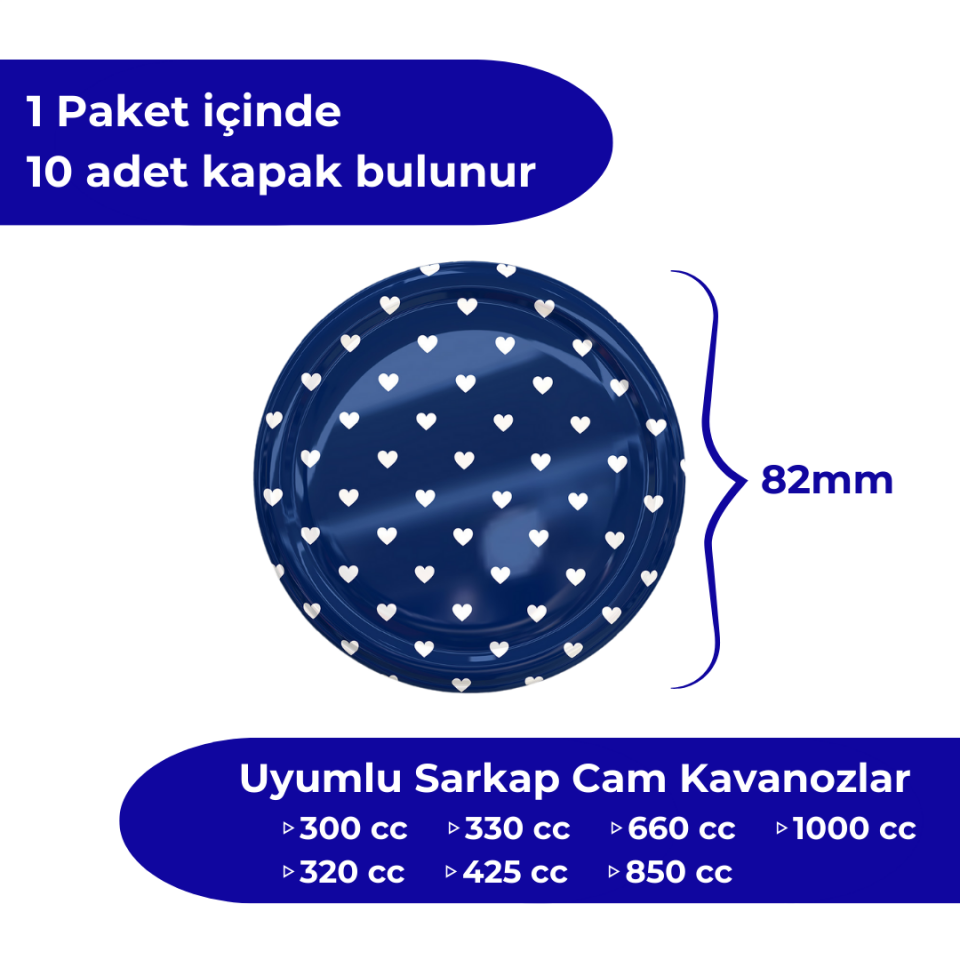 Hijyenik Paketli 10 Adet Kavanoz Kapağı Kalpli Desenler 82 mm Mavi