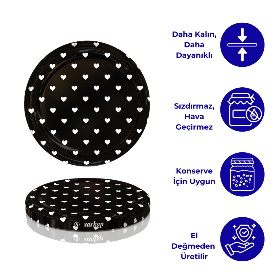 Hijyenik Paketli 10 Adet Kavanoz Kapağı Kalpli Desenler 82 mm Siyah