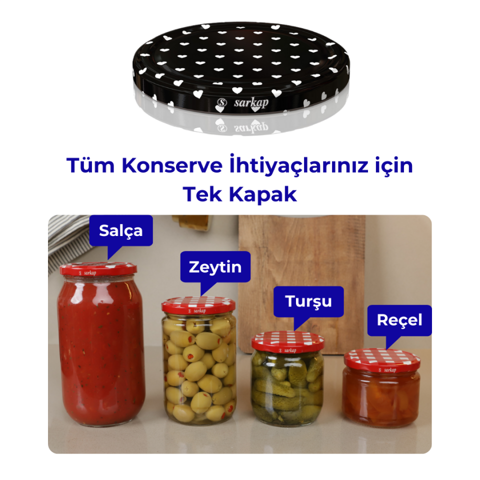Hijyenik Paketli 10 Adet Kavanoz Kapağı Kalpli Desenler 82 mm Siyah