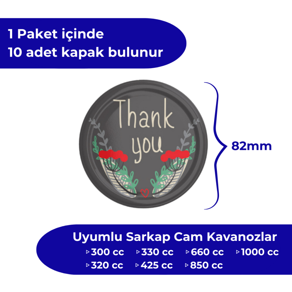 Hijyenik Paketli 10 Adet Kavanoz Kapağı Homemade Modeller 82 mm ThankYou