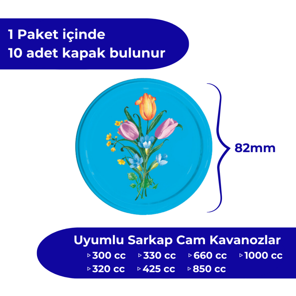 Hijyenik Paketli 10 Adet Kavanoz Kapağı Çiçek Desenler 82 mm