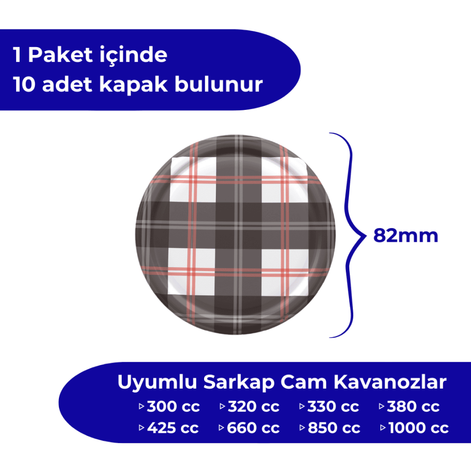 Hijyenik Paketli 10 Adet Kavanoz Kapağı Ekose Desenler 82 mm Gri-Beyaz