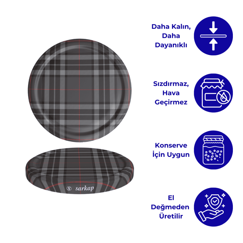 Hijyenik Paketli 10 Adet Kavanoz Kapağı Ekose Desenler 82 mm GriEkose