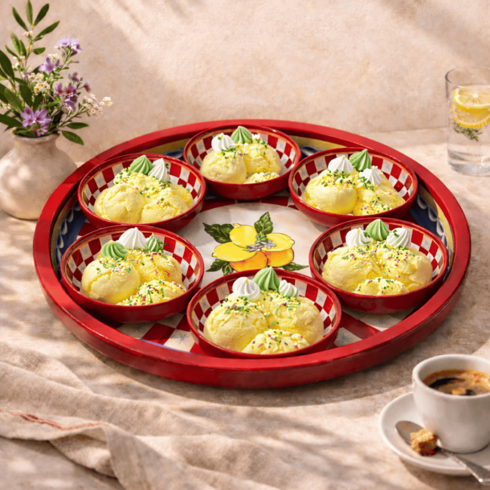 Sarkap Home Lemon Desing 34 cm Tepsi ve 10x3,2 cm 6'lı Çerezlik Seti LemonDesignKırmızı