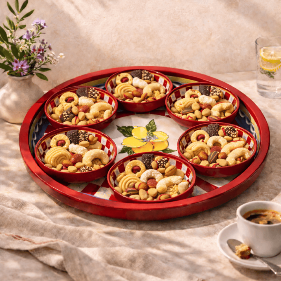 Sarkap Home Lemon Desing 34 cm Tepsi ve 10x3,2 cm 6'lı Çerezlik Seti LemonDesignKırmızı