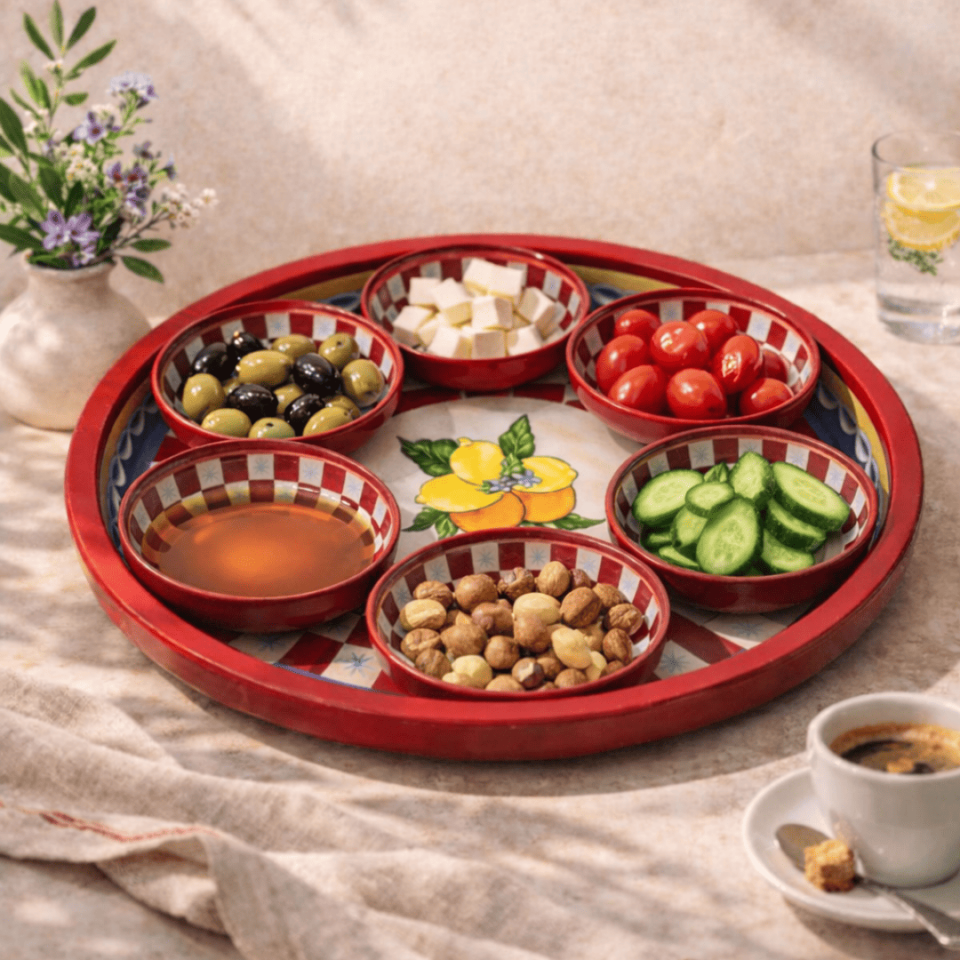 Sarkap Home Lemon Desing 34 cm Tepsi ve 10x3,2 cm 6'lı Çerezlik Seti LemonDesignKırmızı