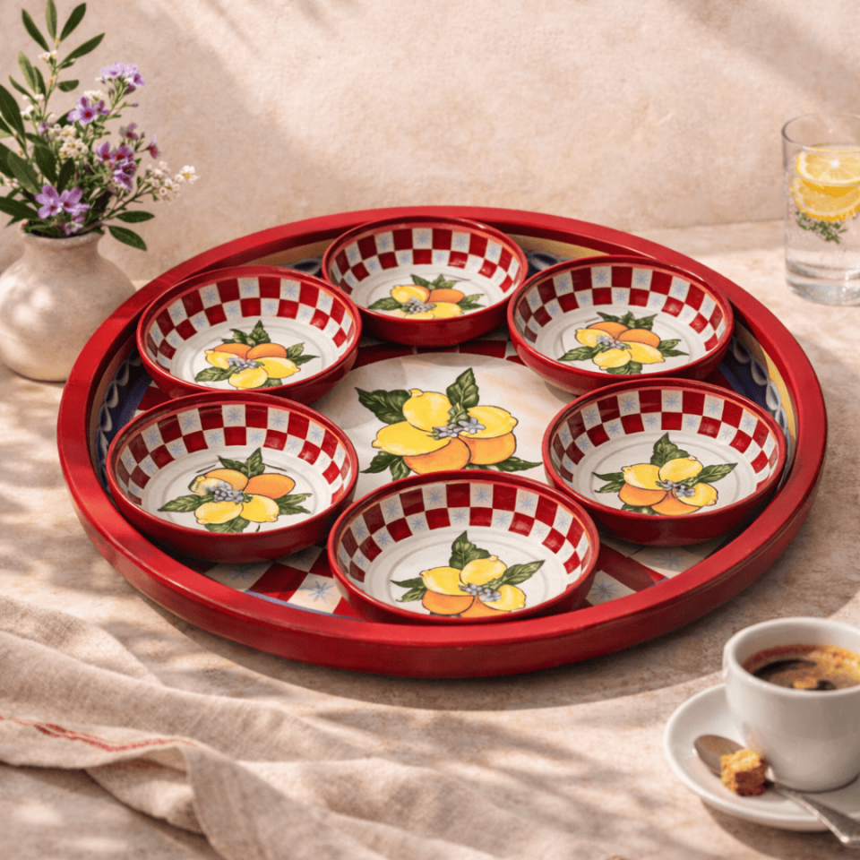 Sarkap Home Lemon Desing 34 cm Tepsi ve 10x3,2 cm 6'lı Çerezlik Seti LemonDesignKırmızı