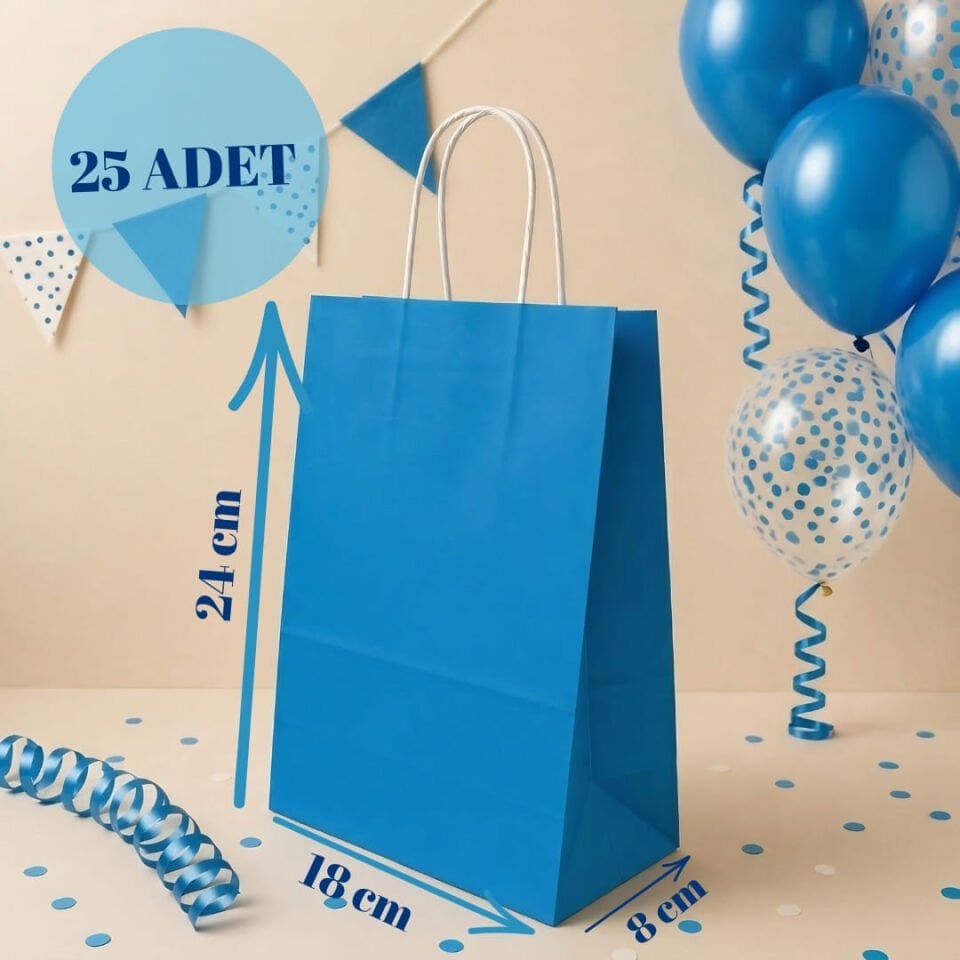 25'li 18X8X24 Beyaz Burgu Saplı Kraft Kağıt Poşet Çanta Mavi