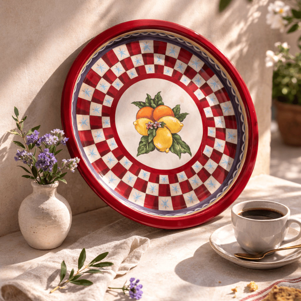 Sarkap Home Dekoratif Metal Tepsi Lemon Design Kırmızı