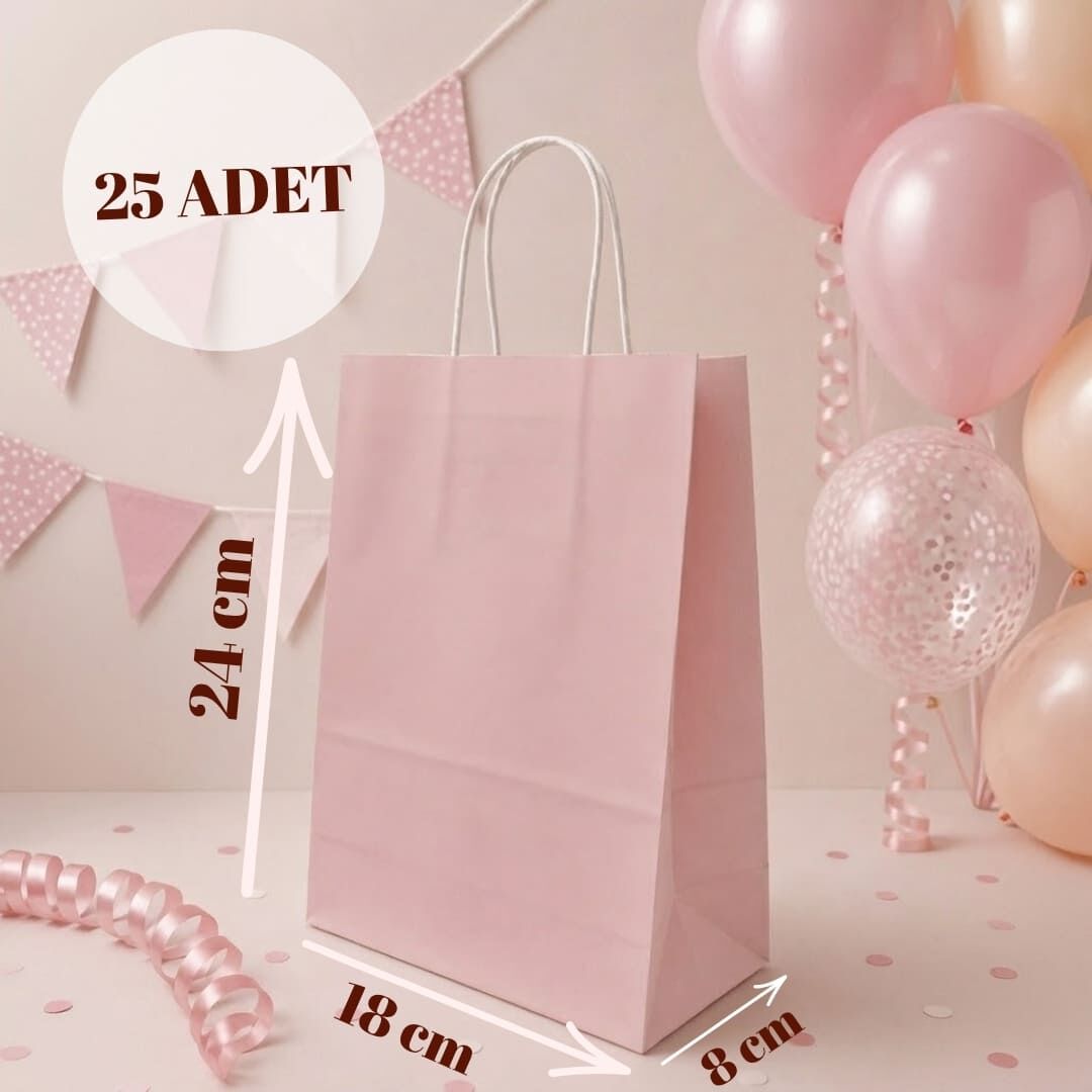 25'li 18X8X24 Beyaz Burgu Saplı Kraft Kağıt Poşet Çanta AçıkPembe