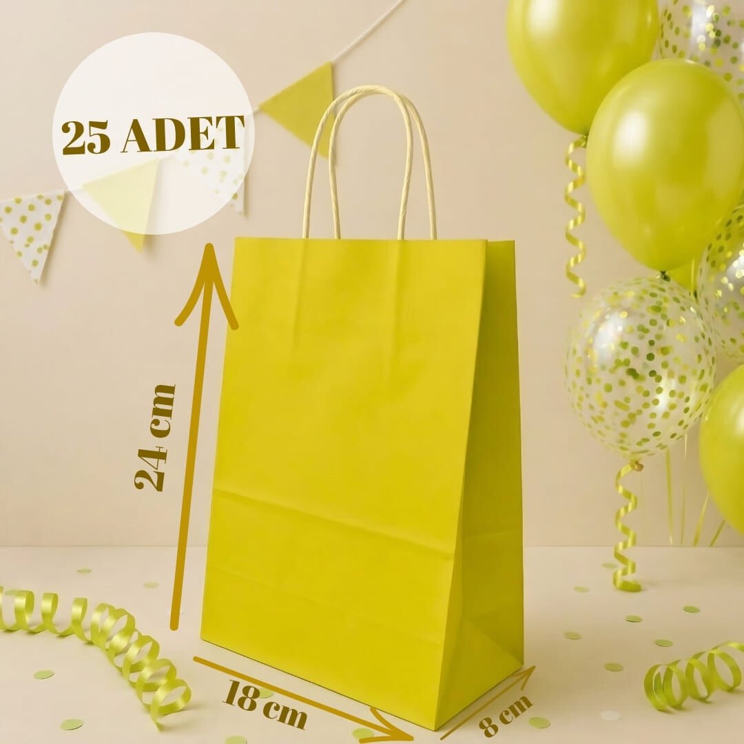 25'li 18X8X24 Beyaz Burgu Saplı Kraft Kağıt Poşet Çanta SARI