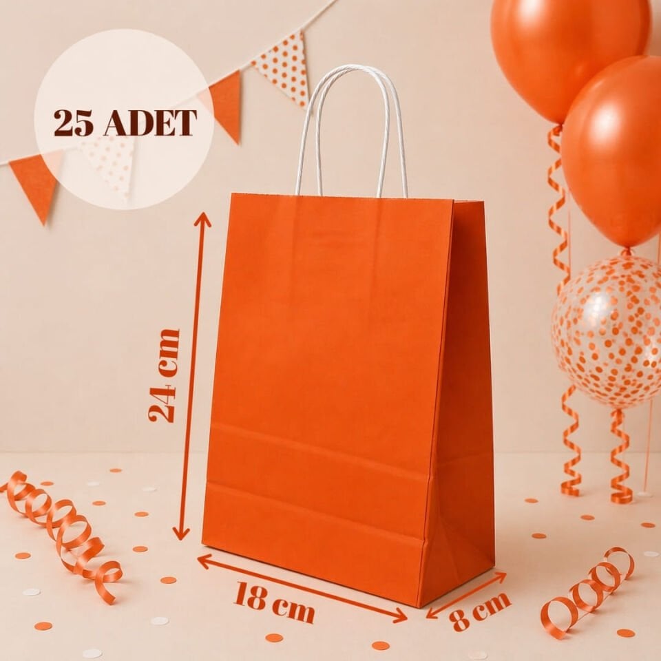 25'li 18X8X24 Beyaz Burgu Saplı Kraft Kağıt Poşet Çanta Turuncu
