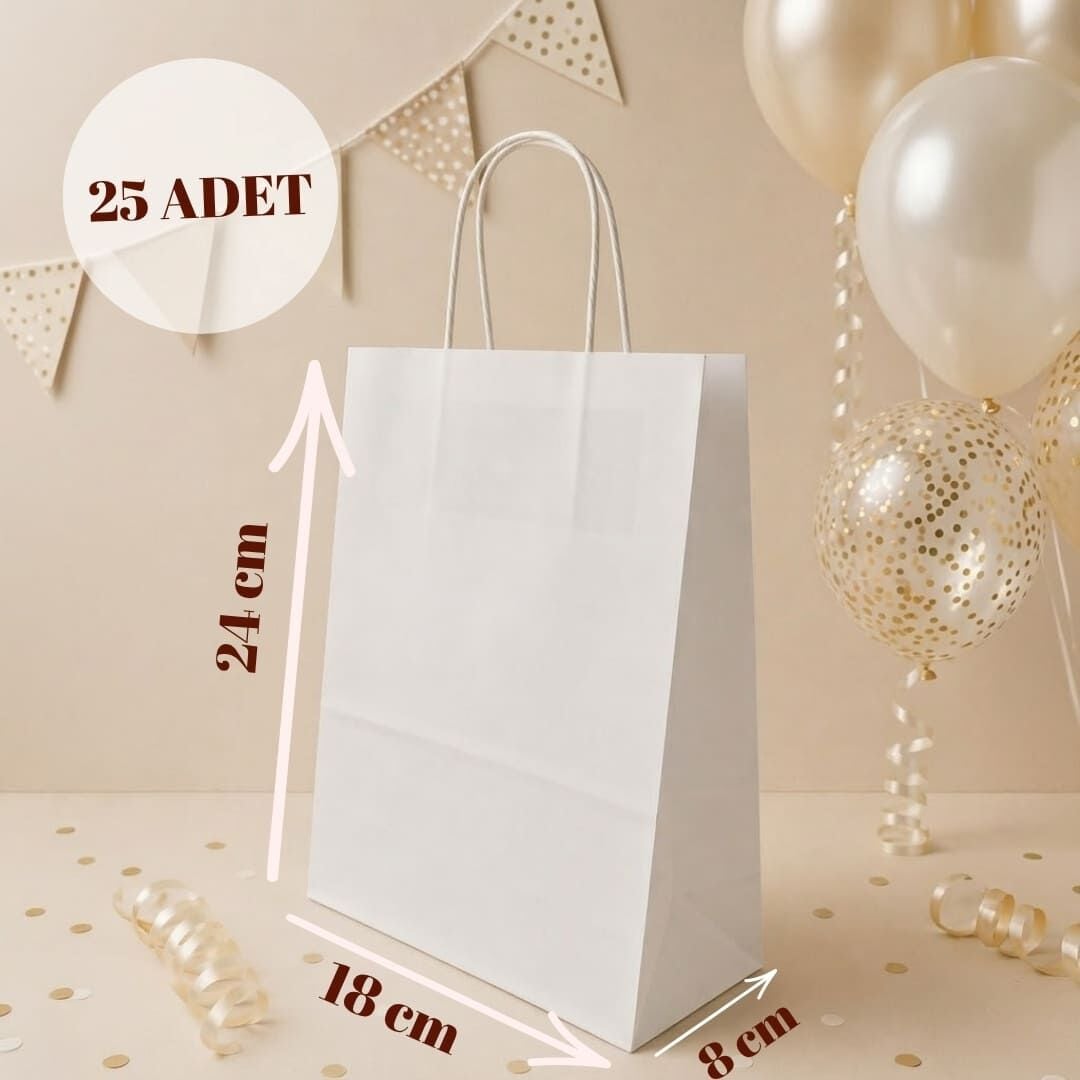 25'li 18X8X24 Beyaz Burgu Saplı Kraft Kağıt Poşet Çanta Beyaz