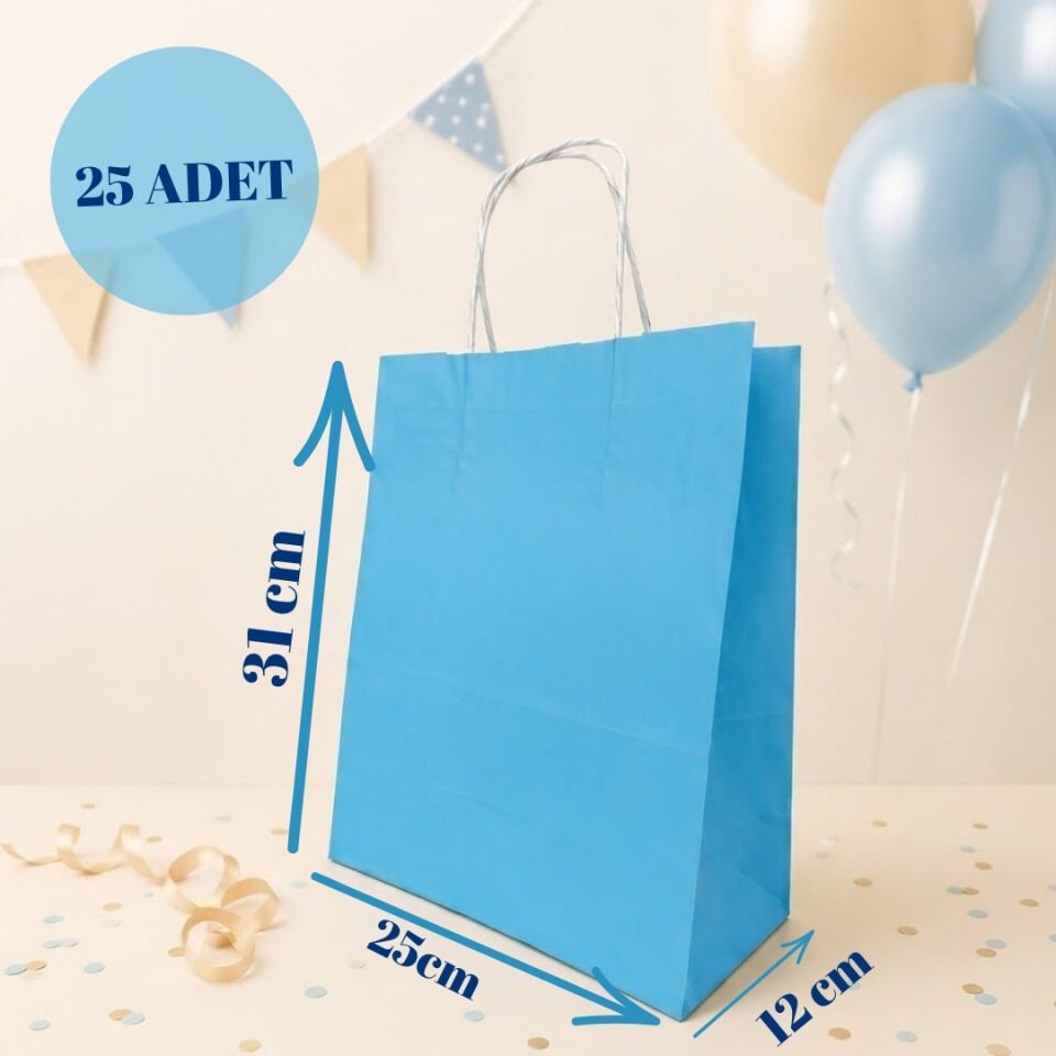25'li 25X12X31 Beyaz Burgu Saplı Kraft Kağıt Poşet Çanta