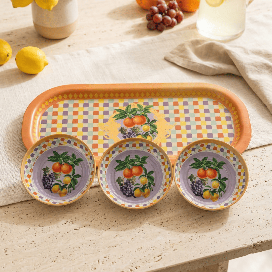 Sarkap Home 3'lü 10x3,2 cm Çerezlik ve 16x35 cm Sunumluk Tepsi Seti Lemon Design Turuncu