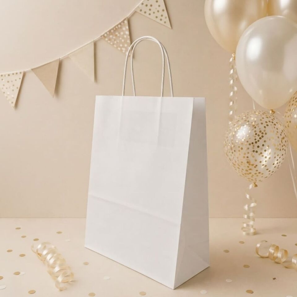 25'li 25X12X31 Beyaz Burgu Saplı Kraft Kağıt Poşet Çanta Beyaz