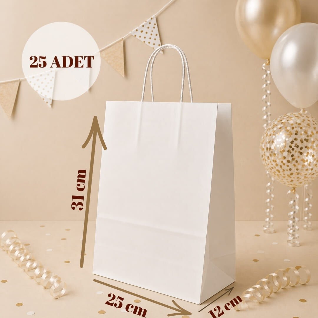 25'li 25X12X31 Beyaz Burgu Saplı Kraft Kağıt Poşet Çanta Beyaz