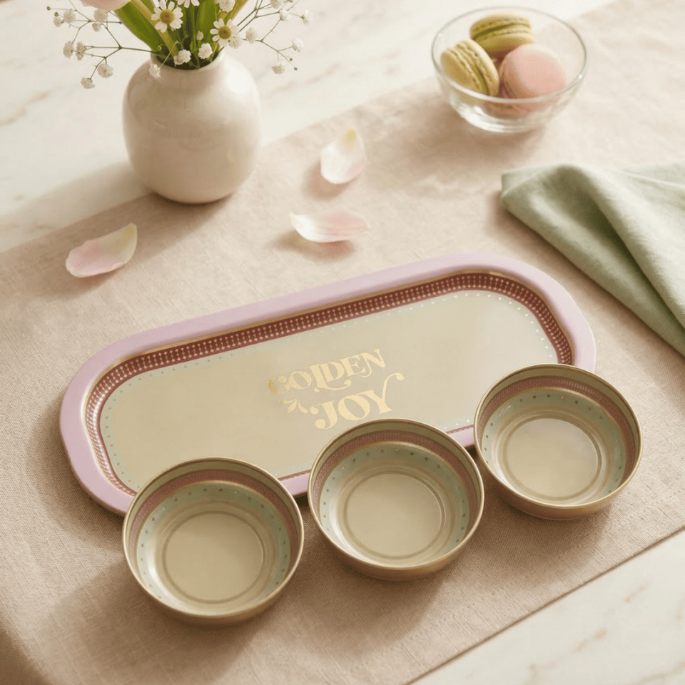 Sarkap Home 3'lü Çerezlik ve Sunumluk Tepsi Seti Golden Joy