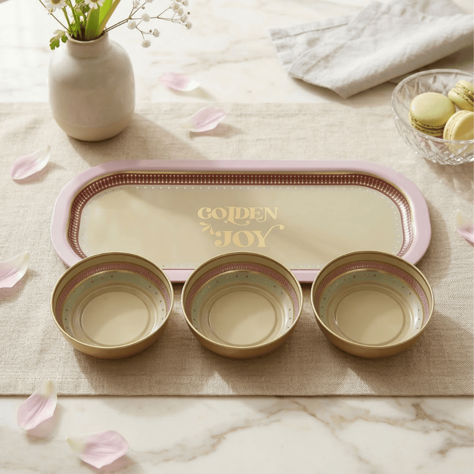 Sarkap Home 3'lü Çerezlik ve Sunumluk Tepsi Seti Golden Joy