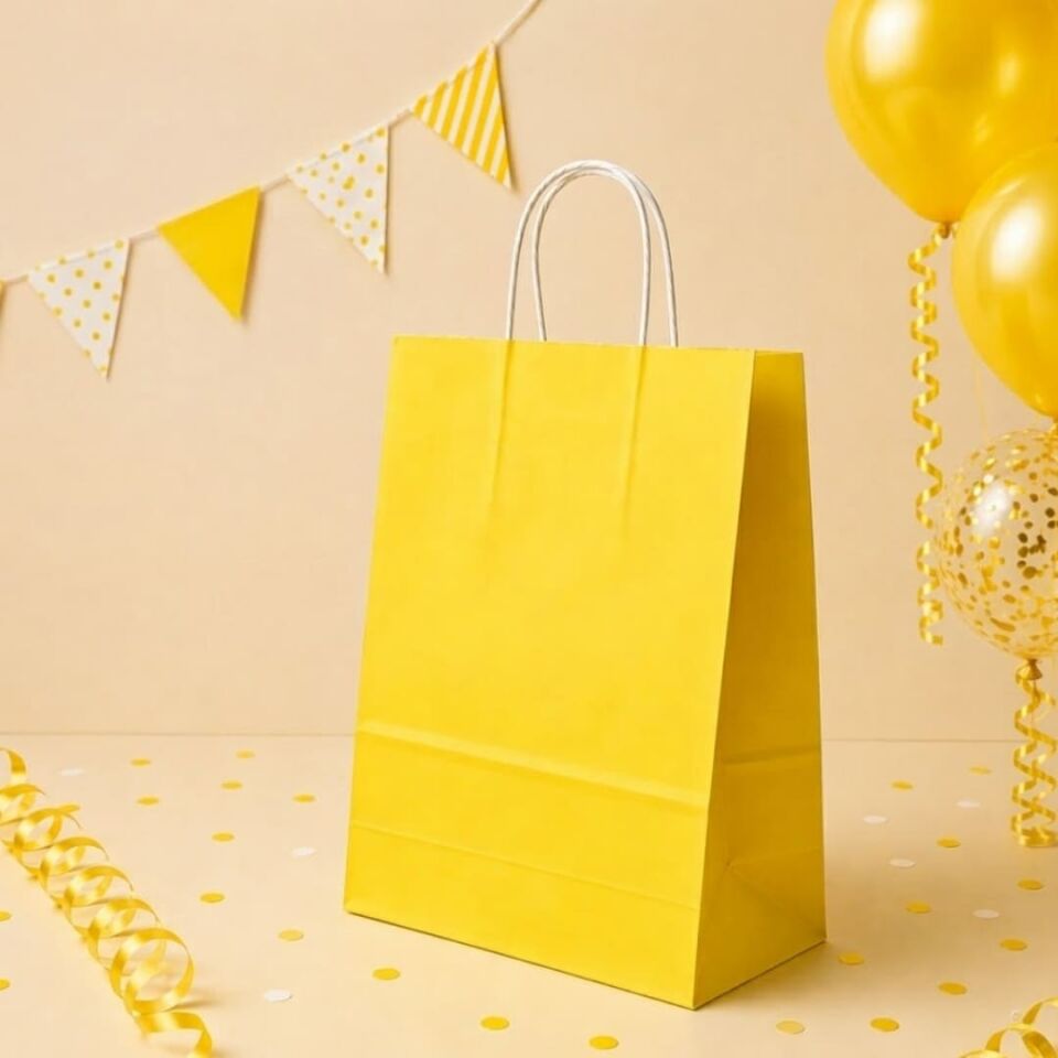 25'li 25X12X31 Beyaz Burgu Saplı Kraft Kağıt Poşet Çanta SARI