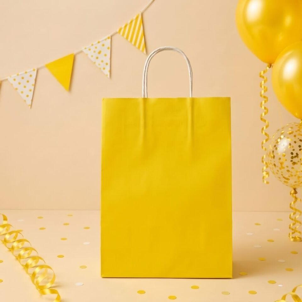 25'li 25X12X31 Beyaz Burgu Saplı Kraft Kağıt Poşet Çanta SARI