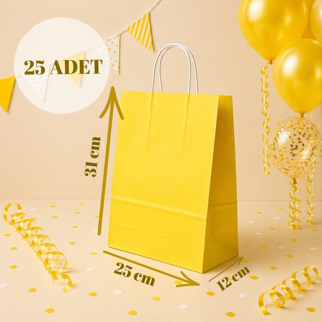 25'li 25X12X31 Beyaz Burgu Saplı Kraft Kağıt Poşet Çanta SARI
