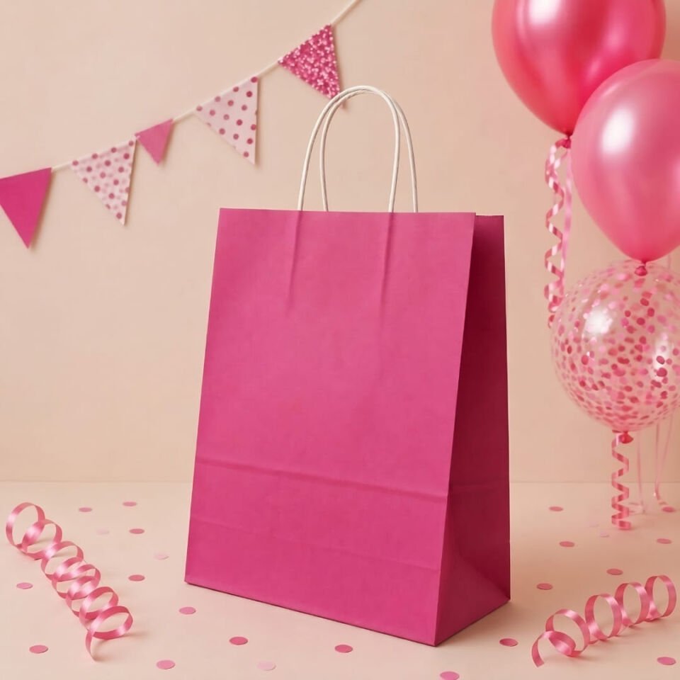 25'li 25X12X31 Beyaz Burgu Saplı Kraft Kağıt Poşet Çanta Pembe