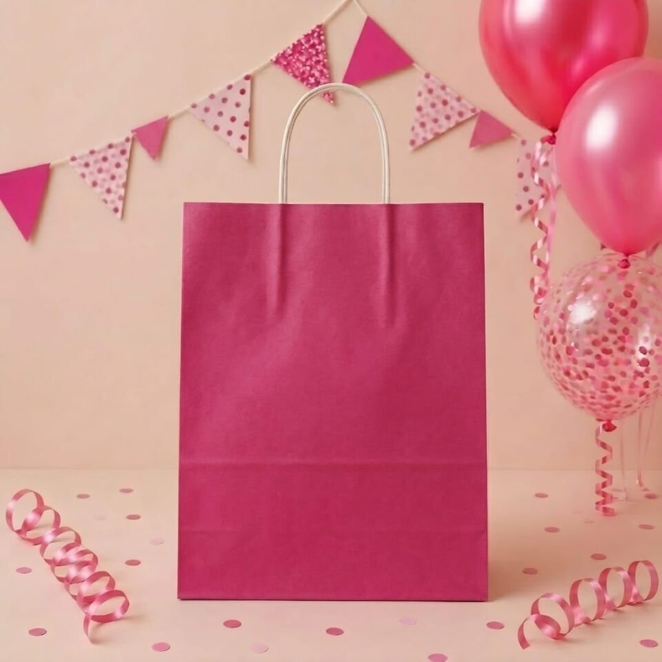 25'li 25X12X31 Beyaz Burgu Saplı Kraft Kağıt Poşet Çanta Pembe