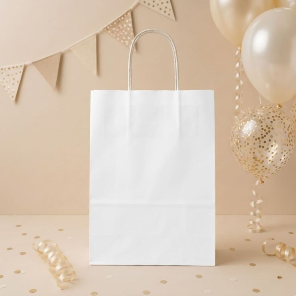 25'li 25X12X31 Beyaz Burgu Saplı Kraft Kağıt Poşet Çanta Beyaz