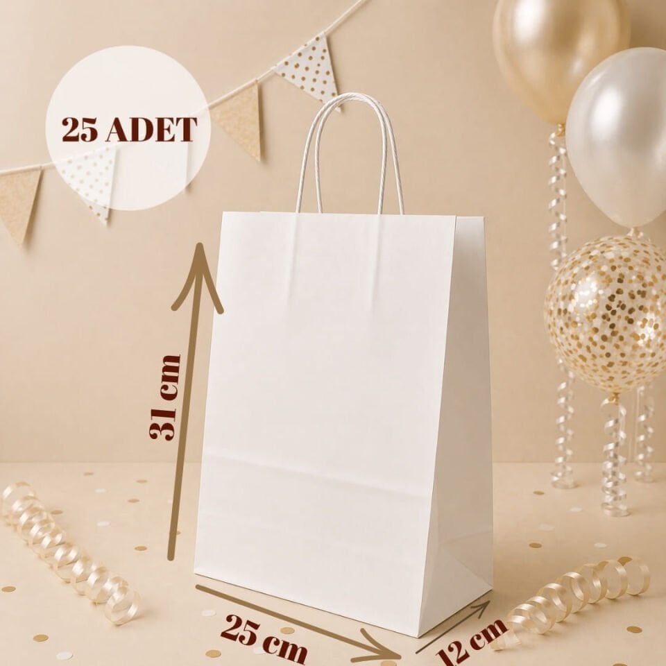 25'li 25X12X31 Beyaz Burgu Saplı Kraft Kağıt Poşet Çanta Beyaz