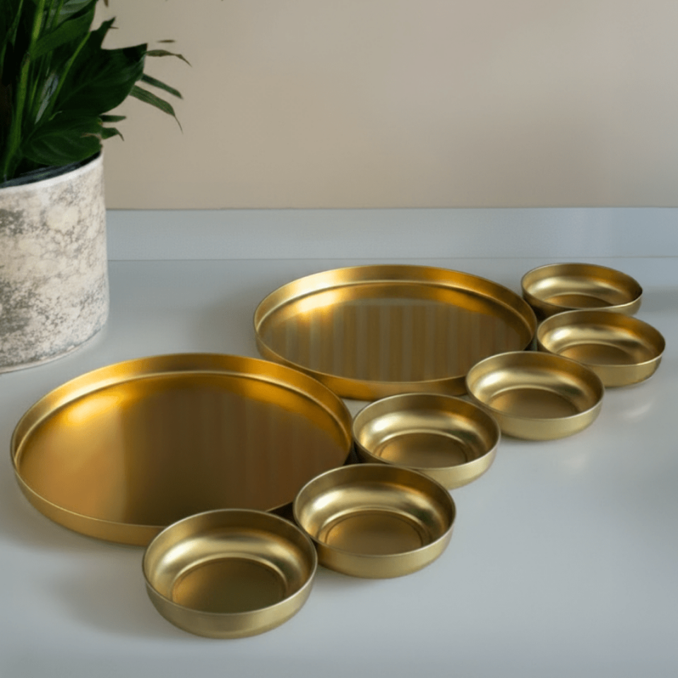 Sarkap Home 2'li Sunumluk Tepsi ve 6'lı Çerezlik Servis Seti Gold