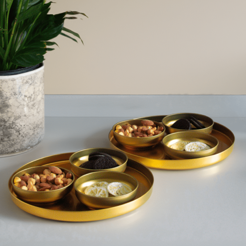 Sarkap Home 2'li Sunumluk Tepsi ve 6'lı Çerezlik Servis Seti Gold