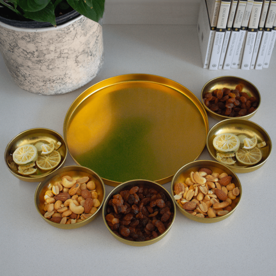 Sarkap Home 2'li Sunumluk Tepsi ve 6'lı Çerezlik Servis Seti Gold