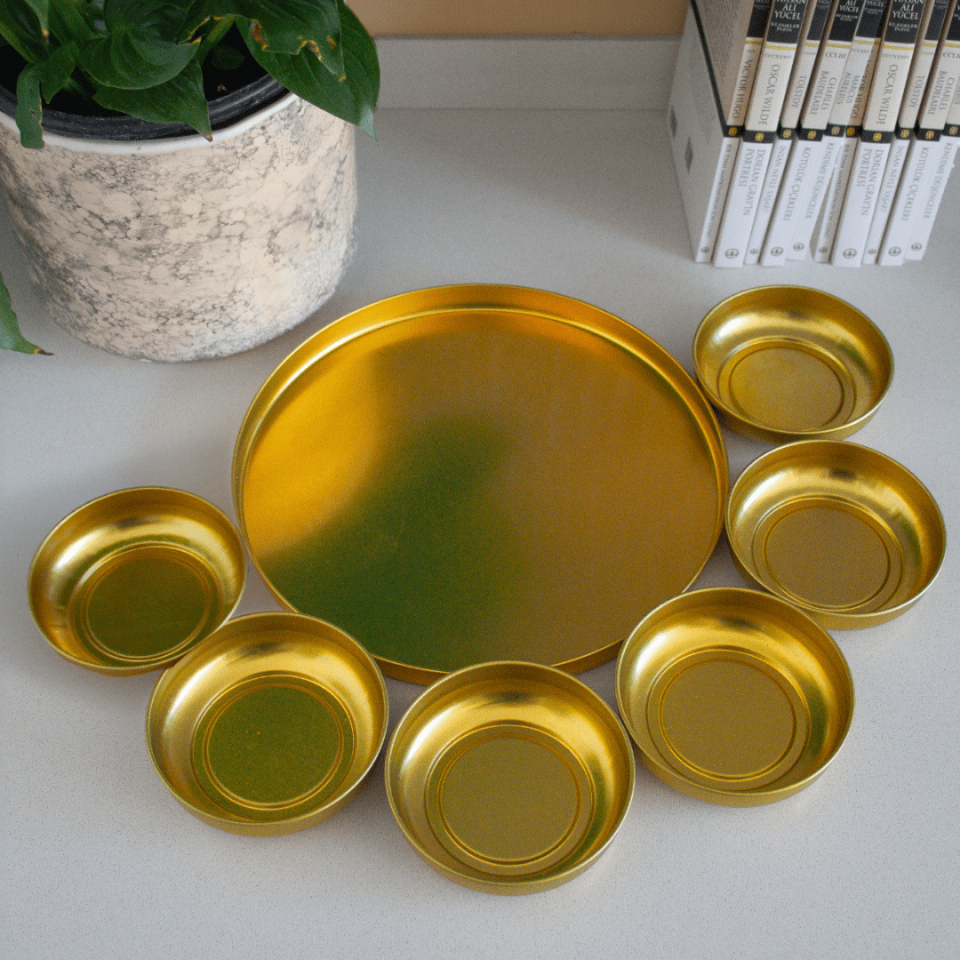 Sarkap Home 2'li Sunumluk Tepsi ve 6'lı Çerezlik Servis Seti Gold