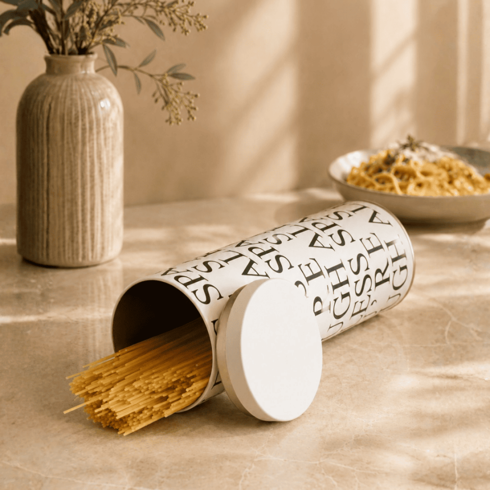 Sarkap Home 1,7 L Spaghetti Seri Uzun Yuvarlak Metal Kutu 90x270 mm LessSeri-Krem