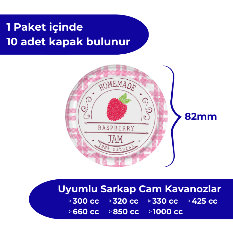 Hijyenik Paketli 10 Adet Kavanoz Kapağı Meyve Desenler 82 mm Ahududu
