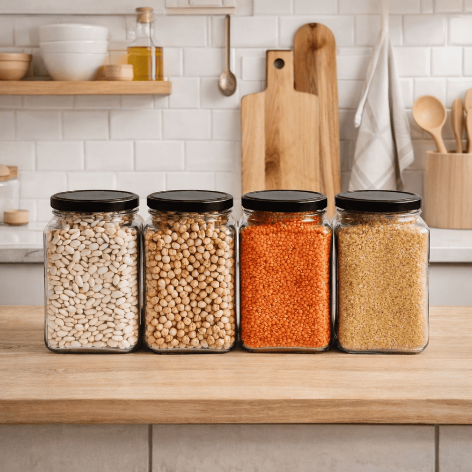 Sarkap Home 4'lü 1600 ml Kapaklı Köşeli Cam Kavanoz - Siyah Kapak Siyah