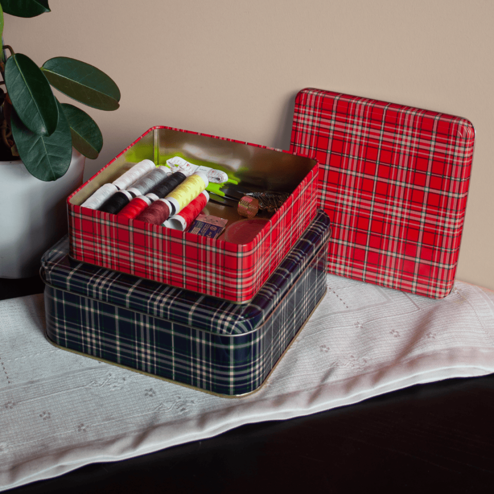 Sarkap Home 2'li Ekose Desenli Metal Saklama Kutusu Seti